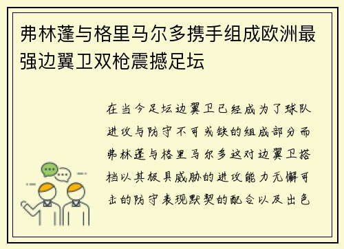 弗林蓬与格里马尔多携手组成欧洲最强边翼卫双枪震撼足坛 弗林蓬与格里马尔多携手组成欧洲最强边翼卫双枪震撼足坛